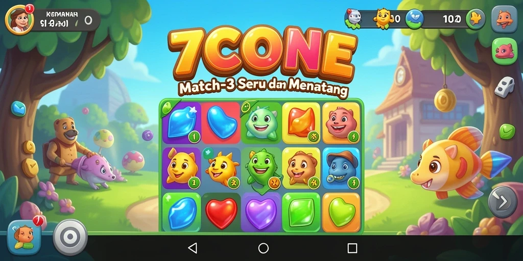 Gameplay seru 7CONE dengan tantangan Match-3 menarik.
