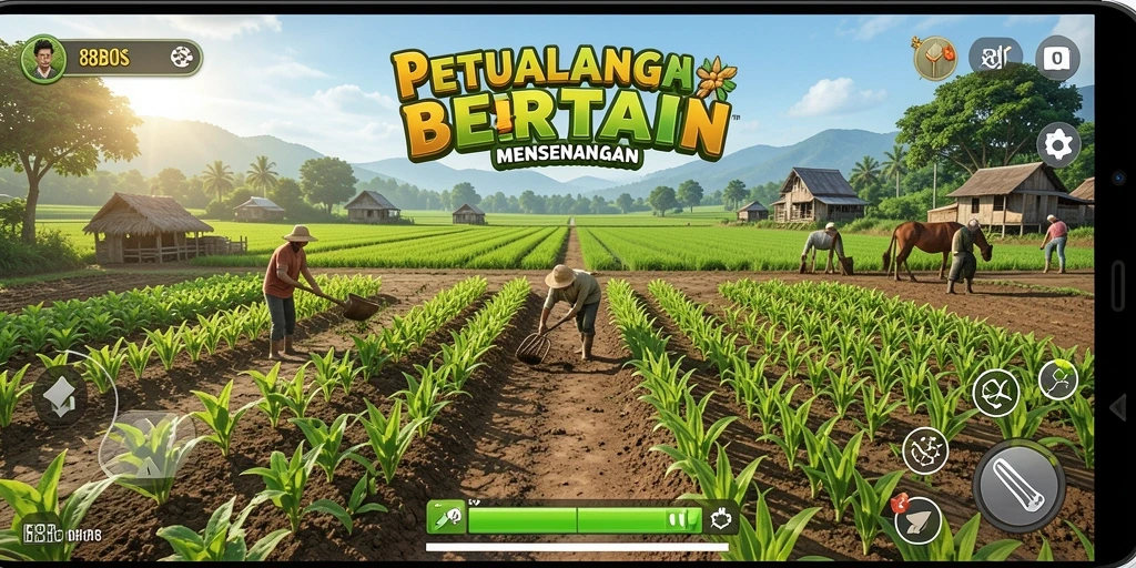 Tampilan gameplay seru dalam 88BOS dengan suasana pertanian yang asri.