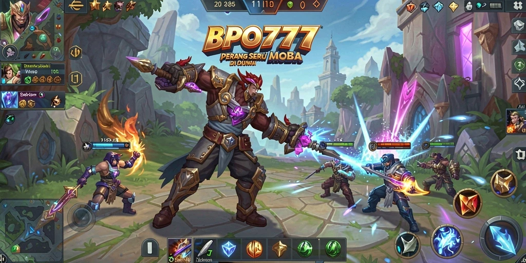 Gameplay BPO777 yang seru dan kompetitif dalam pertempuran MOBA.