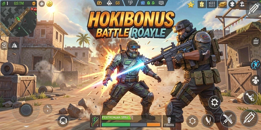 Gameplay HOKIBONUS yang seru dan mendebarkan dalam pertempuran Battle Royale.
