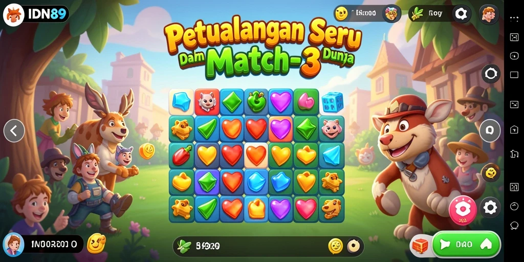 Tampilan seru gameplay IDN89 dengan efek warna-warni Match-3.