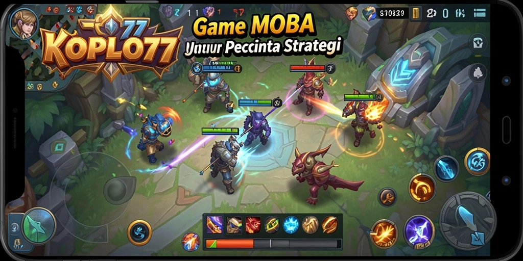 Gameplay KOPLO77 menampilkan pertempuran tim yang seru dalam arena MOBA.