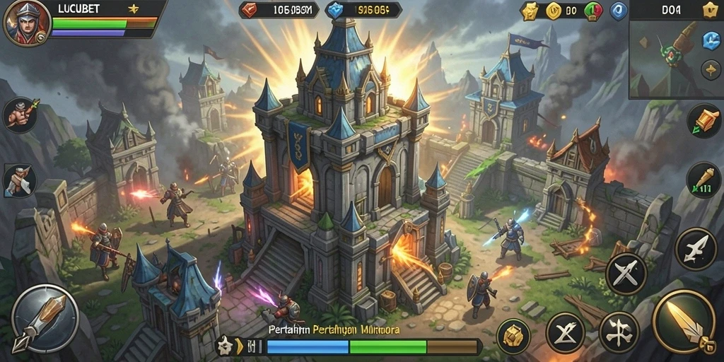 Tangkapan layar gameplay menara Tower Defense LUCUBET yang penuh aksi.