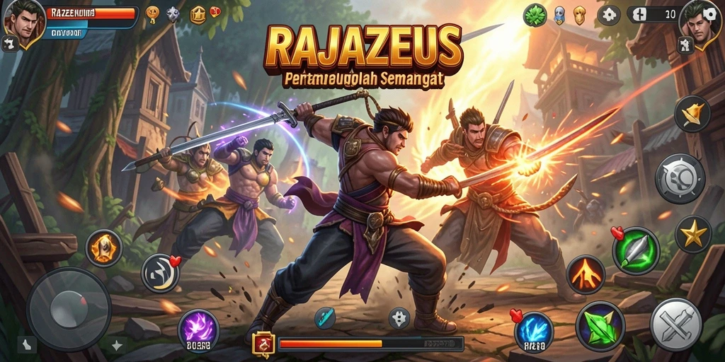Screenshot utama menunjukkan aksi pertarungan mendebarkan di RAJAZEUS.