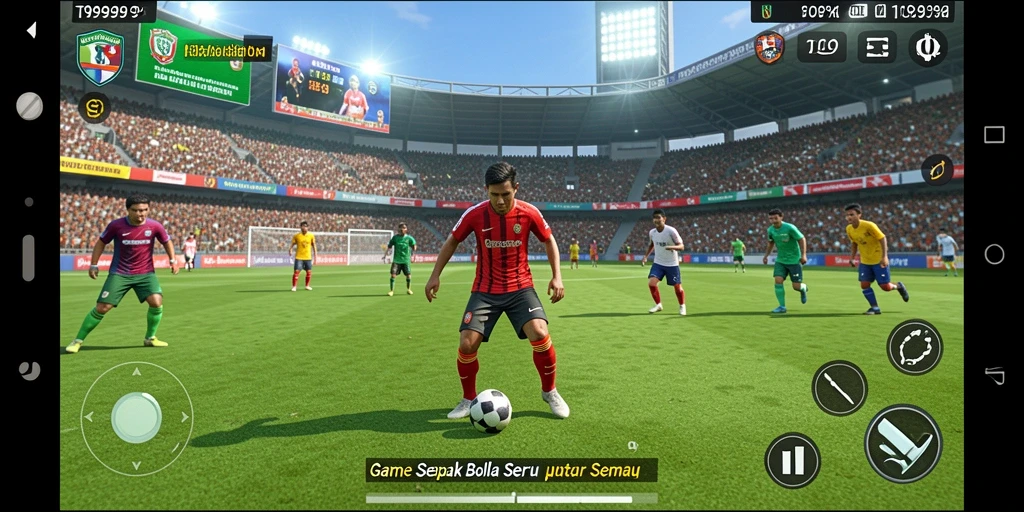 Screenshot game T9999 menampilkan aksi seru di lapangan sepak bola.