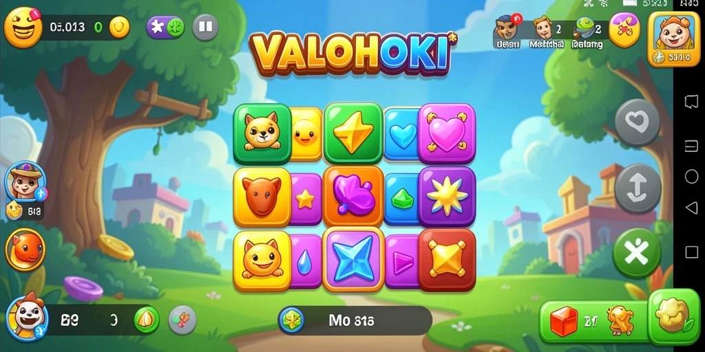 Tampilan gameplay Match-3 VALOHOKI yang seru dan penuh warna.